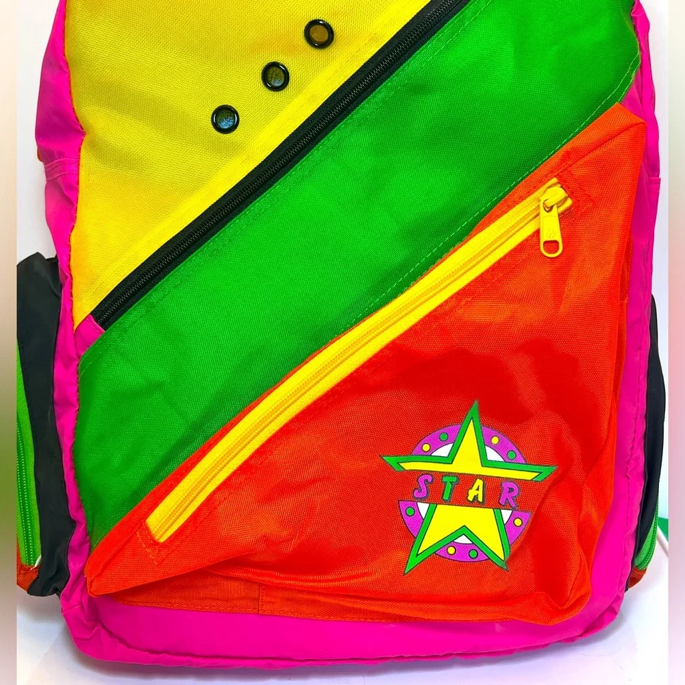Vintage Bright & Colorful Neon Large Backpack with Star Design. New without Tags